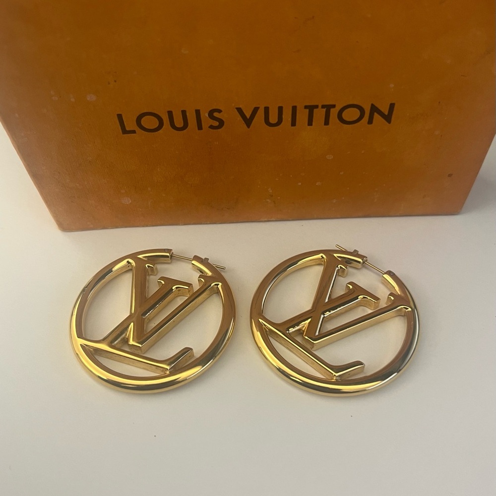 Louis Vuitton Gold Logo Hoop Earrings